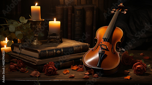 violin with burning candle in room