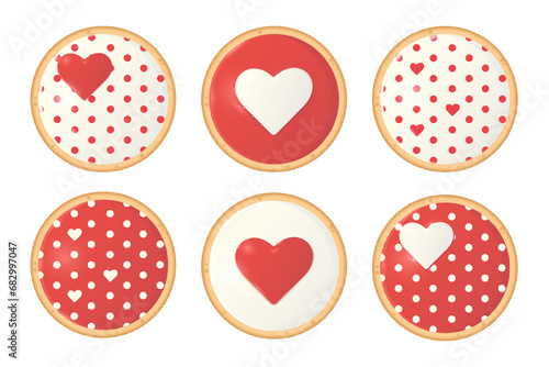 Set of round cookies decorated with red and white confectionery icing, hearts and polka dots. Cake for party, event, Valentine's day, birthday, wedding, anniversary, baby shower, date