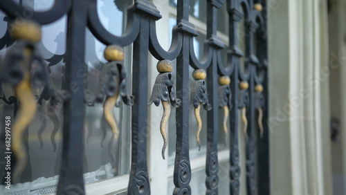 Protective metal window gate with decorative adornment. Aesthetic barrier against intruders with ornamentation