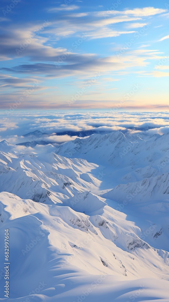 Fototapeta premium A snow covered mountain range with sunlight glinting off ,Winter Landscape,Panaromic Image