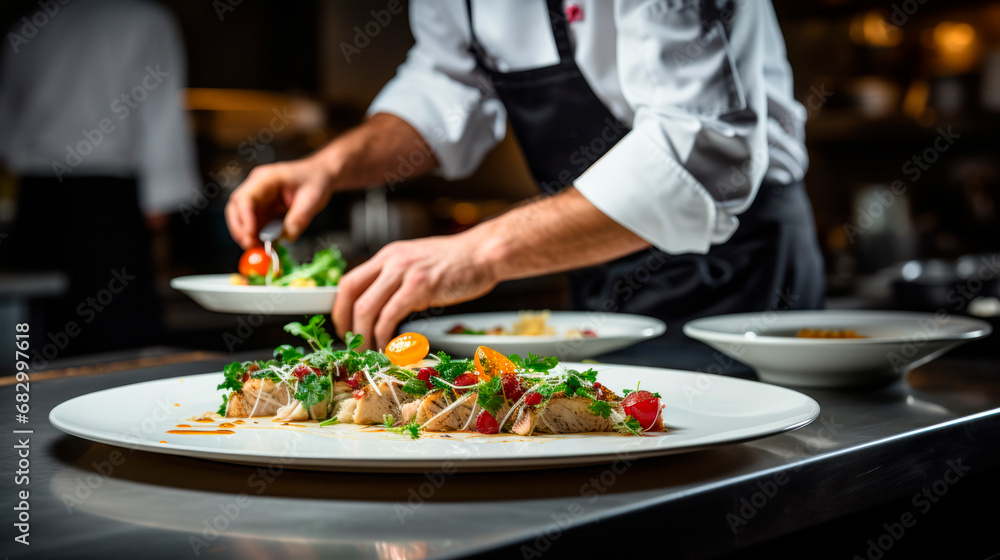 A chef is finishing the preparation of the dish. She is decorating the dish just before serving. internal kitchen of the restaurant A chef is finishing the preparation of the dish. She is decorating the dish just before serving. internal kitchen of the restaurant