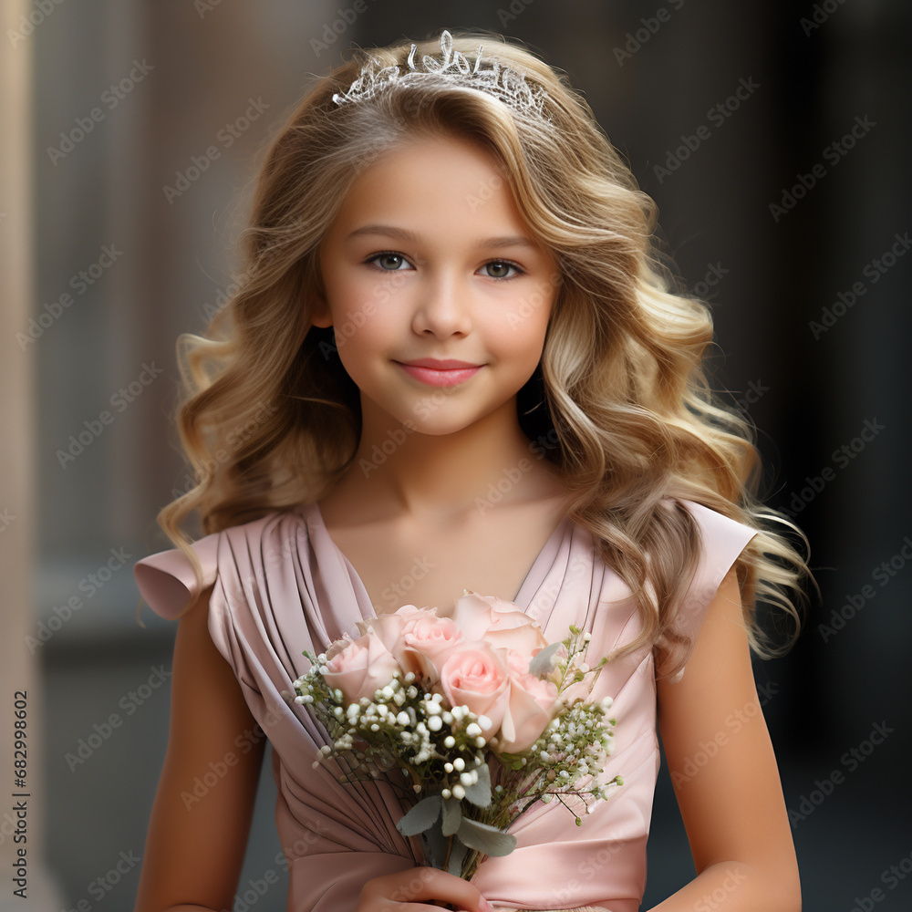 Portrait of a sweet little bridesmaid with a bouquet of flowers in her hand, inspired by a ceremony, first communion, wedding Portrait of a sweet little bridesmaid with a bouquet of flowers in her hand, inspired by a ceremony, first communion, wedding