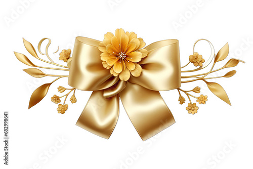 Elegant Gold Ribbon With Floral On Transparent Background