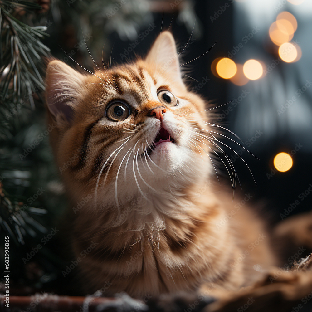a scared kitten on a Christmas tree
