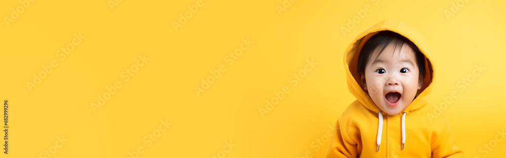 Shocked Asian toddler baby with open mouth in casual hoodie on isolated yellow background studio portrait. Positive people lifestyle news concept. Empty space place for text, copy paste Shocked Asian toddler baby with open mouth in casual hoodie on isolated yellow background studio portrait. Positive people lifestyle news concept. Empty space place for text, copy paste