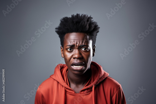 African student upset crying misunderstood stressed sad on studio background. Worried man unrequited love or war. Social economic psychological age problems parenting concept photo