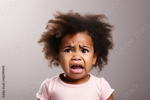 Upset crying misunderstood stressed sad African toddler on studio background. Worried baby unrequited love or war. Social economic psychological age problems parenting concept