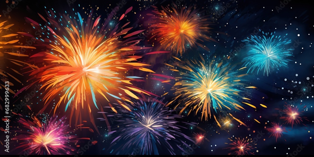 Naklejka premium Fire work explosion at night sky, a device containing gunpowder and other combustible chemicals that causes a spectacular explosion when ignited, used typically for display or in celebrations