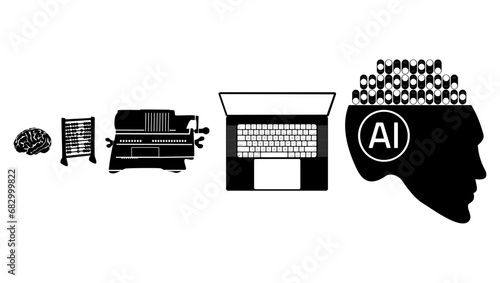 evolution of counting, brain, Abacus, Old Mechanical Manual Counting Machine, laptop, artificial intelligence emblem