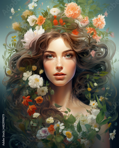 Close-up View of Woman with Blooming Flower in Isolated Gradient Background. Portrait of Illustrated Beautiful Model with Flowers, in Grey Teal Color Backdrop. 