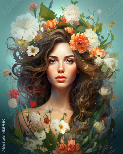 Portrait of a Woman with Flowers in Isolated Gradient Background. Close-up View of Illustrated Beautiful Girl with Flowers in Grey Teal Color Backdrop. 