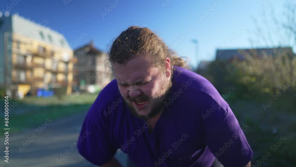 One tired overweight young man recovering from run. Exhausted fat person taking a deep breath. Lifestyle exercise taking a break outdoors One tired overweight young man recovering from run. Exhausted fat person taking a deep breath. Lifestyle exercise taking a break outdoors