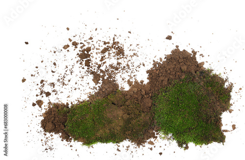 Dirt and green moss isolated on white, top view, clipping path  