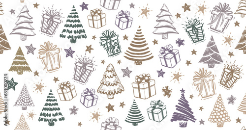 Christmas tree, New Year set, hand drawn illustrations. Vector.	
