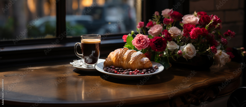 Irresistible breakfast with chocolate croissants, coffee and fresh flowers. Realistic details and immersive atmosphere captured in a bar table image.