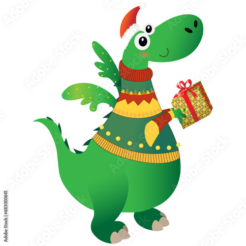 Green dragon in New Year s clothes giving a gift