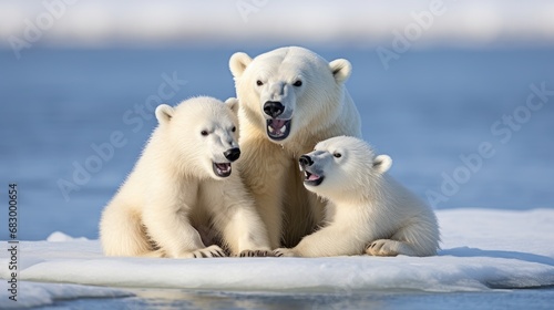 A family of polar bears in the Arctic tundra