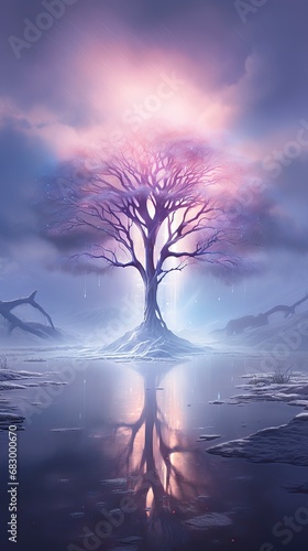 A mystical winter morning in a fantasy world where the tre ,Winter Landscape,Panaromic Image