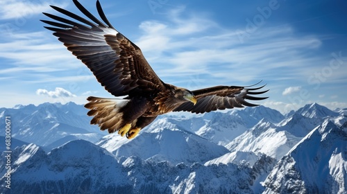 A golden eagle soaring high above snow-capped mountain peaks