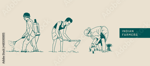 Farmer's Day, Indian people, farmers working on farms, hand-drawn Vector illustrations of men and women posing 