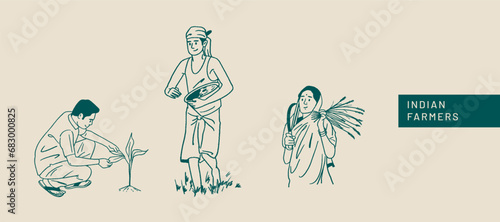 Farmer's Day, Indian people, farmers working on farms, hand-drawn Vector illustrations of men and women posing 
