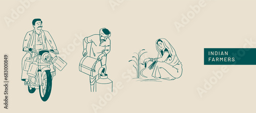 Farmer's Day, Indian people, farmers working on farms, hand-drawn Vector illustrations of men and women posing 
