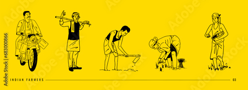 Farmer's Day, Indian people, farmers working on farms, hand-drawn Vector illustrations of men and women posing 