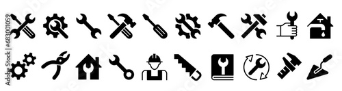 Tools and Service icons set. Wrench, screwdriver and gear icon. Screwdriver and wrench glyph icon. Settings and repair, service sign - stock vector