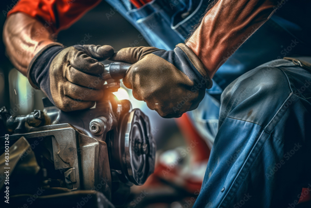 A mechanic's hands skillfully trying to tighten a bolt. A mechanic's hands skillfully trying to tighten a bolt.