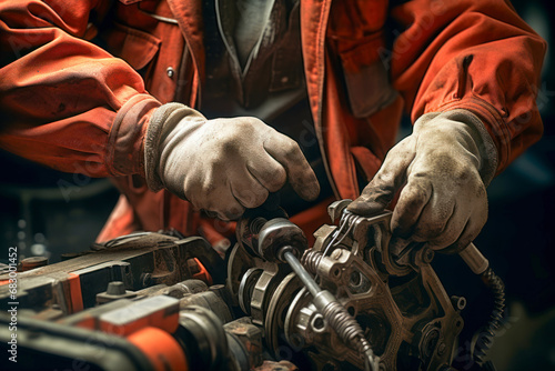 A mechanic's hands skillfully trying to tighten a bolt. photo