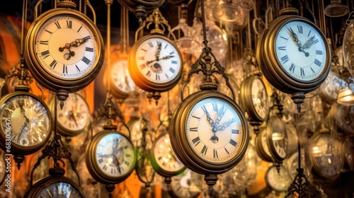 a bunch of clocks hanging from the ceiling of a room with many different colors of clocks hanging from the ceiling.