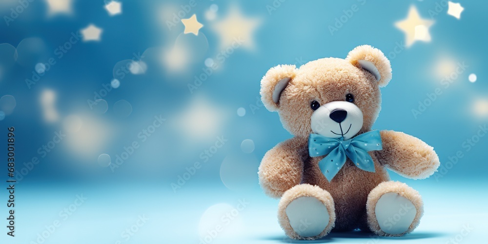 Cute, plush teddy bear on the light blue background with copy space Cute, plush teddy bear on the light blue background with copy space