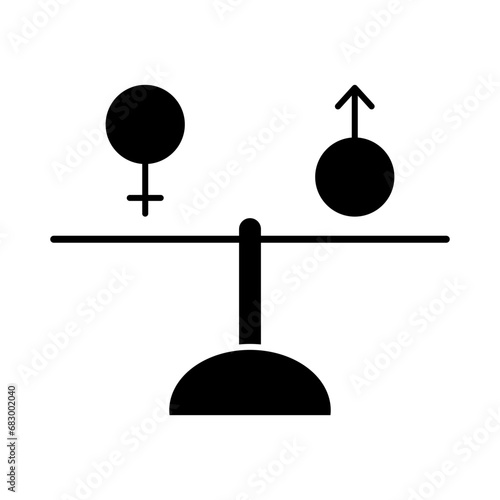 Gender Equality icon. The male symbol and the female symbol stand on the scales with equal weight indicating a symbol of gender equality