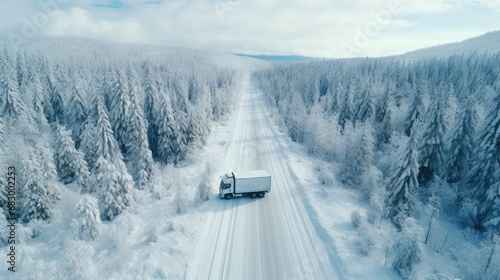 Aerial view of the winter road with a truck 