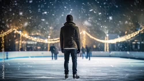 Back view of a man ice skating on an ice rink in winter