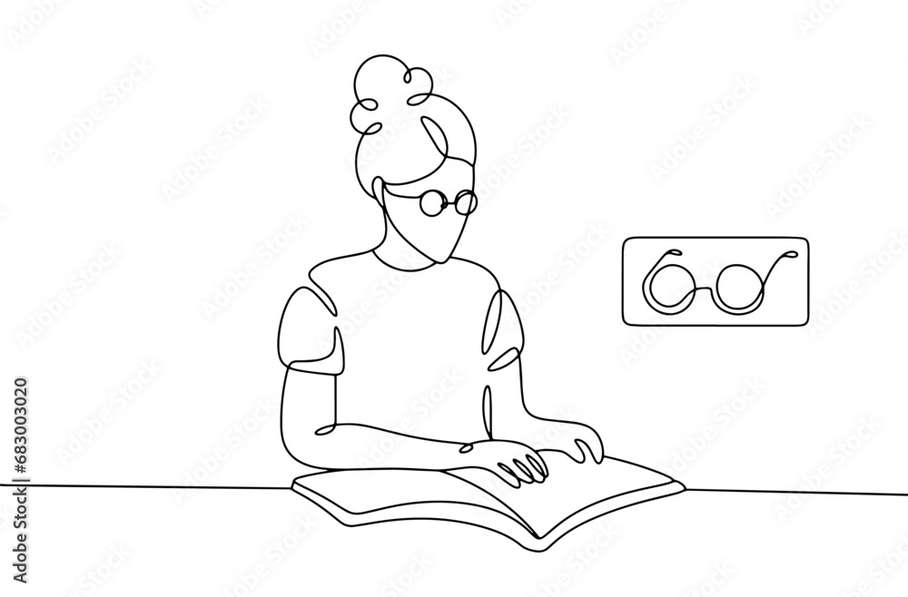 Blind. Reading. Woman. One line Blind. Reading. Woman. One line