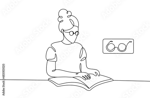 Blind. Reading. Woman. One line