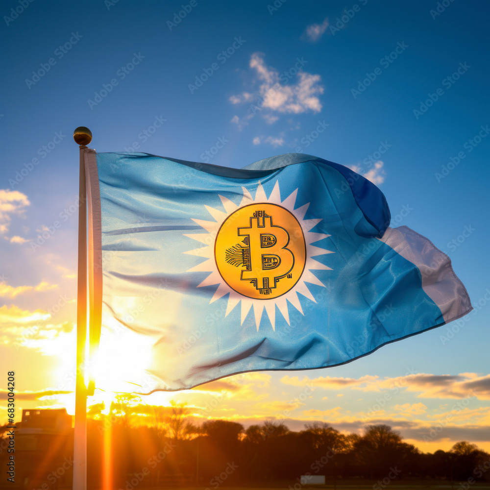Naklejka premium The new flag of Argentina with the image of the bitcoin coin.
