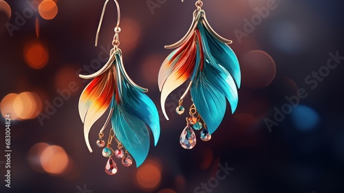  a close up of a pair of earrings with feathers hanging from it's earwires on a dark background. photo