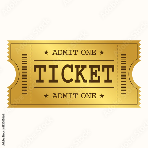 Vector golden ticket template. Admit one. Cinema, theater, casino, concert, game, party, event, festival gold ticket.Vector illustration.