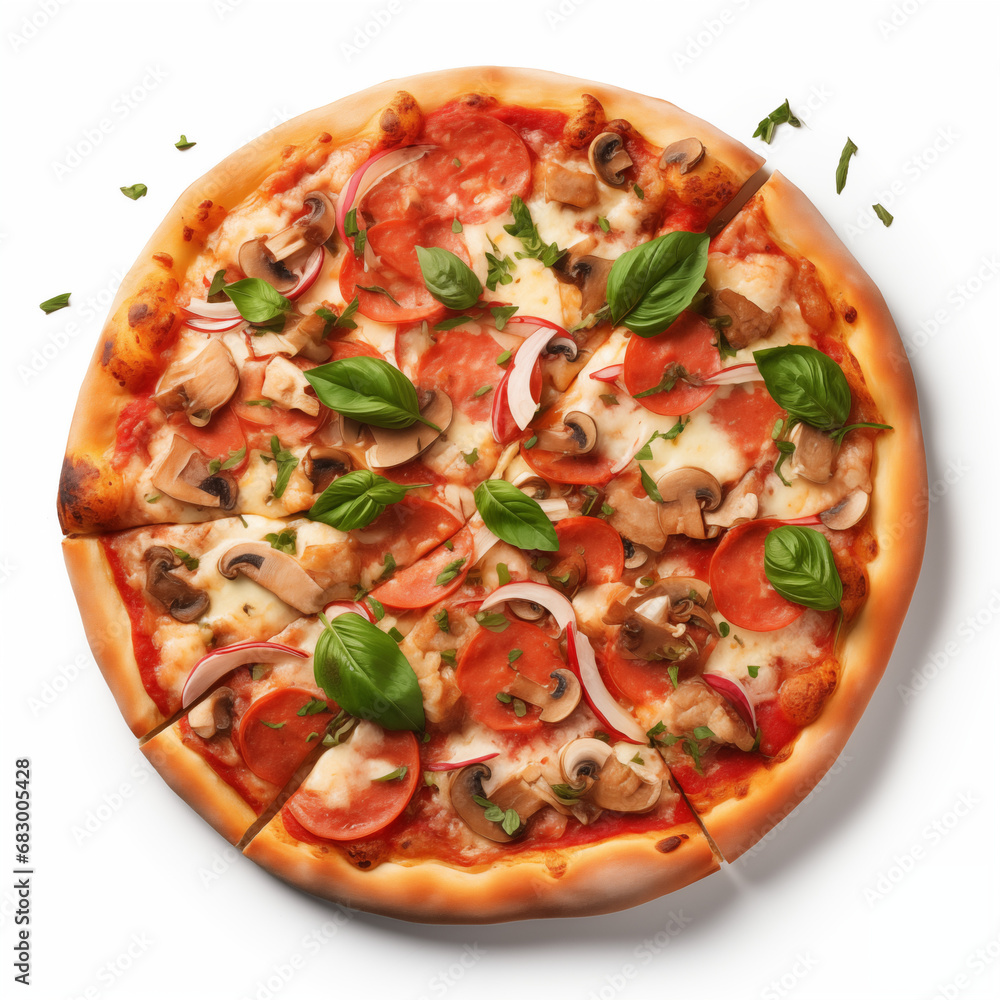 Top view of pizza isolated on white background. Photo for restaurant menu, advertising, delivery, banner Top view of pizza isolated on white background. Photo for restaurant menu, advertising, delivery, banner