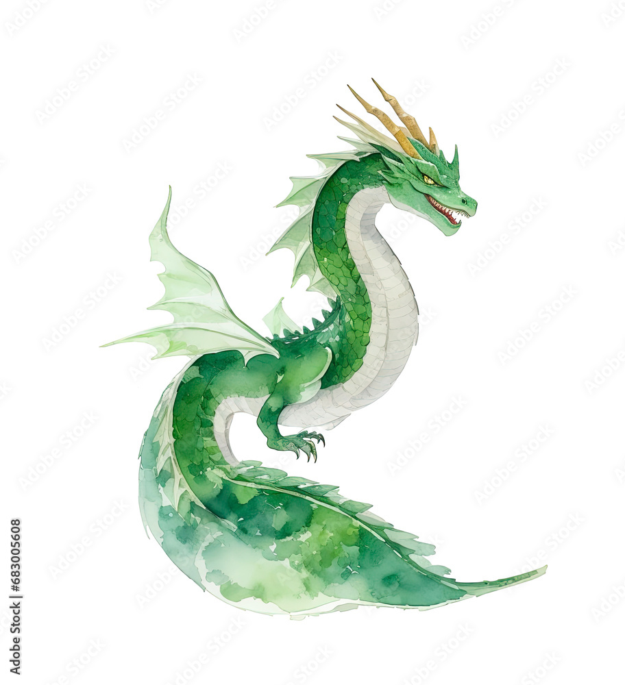Fantasy cute green dragon. Watercolor style illustration. Fantasy cute green dragon. Watercolor style illustration.