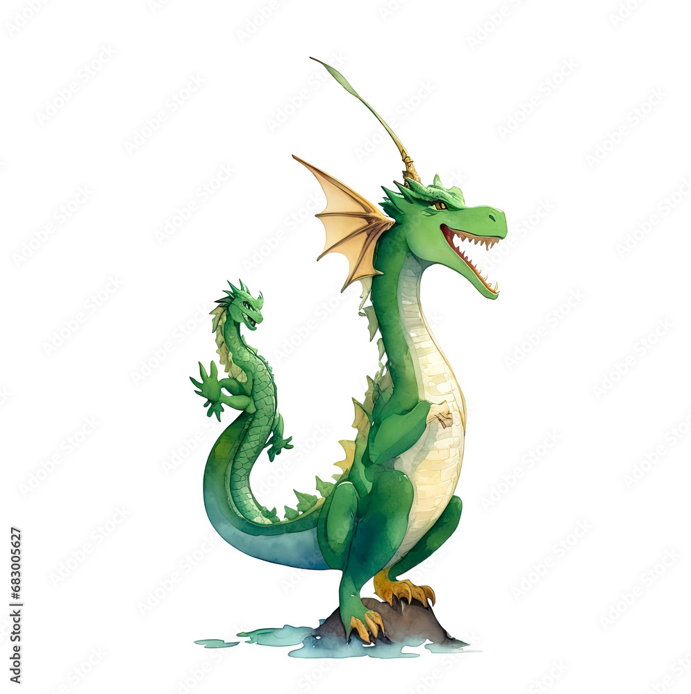 Fantasy cute green dragon. Watercolor style illustration. Fantasy cute green dragon. Watercolor style illustration.