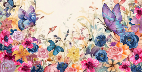 watercolor background with flowers, butterflies, generative AI
