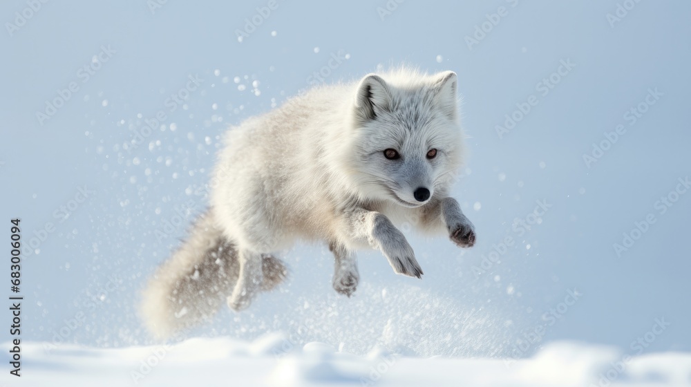 Arctic fox jumping in snow at winter Arctic fox jumping in snow at winter