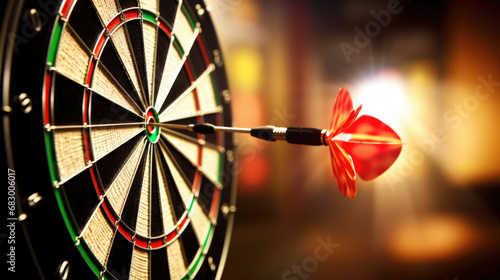 Close-up of a dartboard with a dart hitting the bullseye, symbolizing precision and achievement in the game of darts.