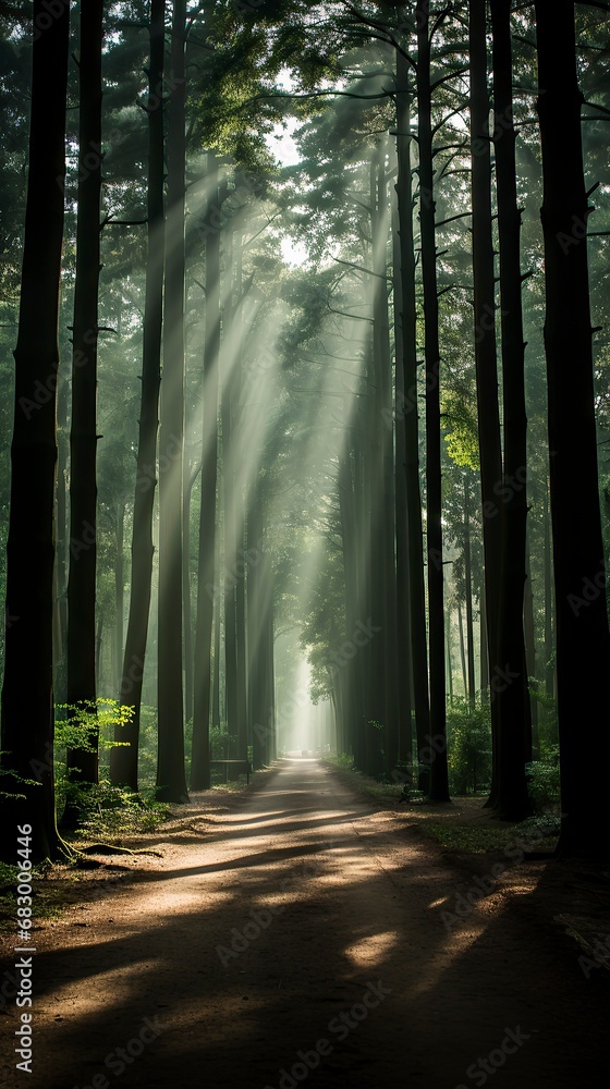 Naklejka premium A winter morning in a forest with sunlight filtering through ,Winter Landscape,Panaromic Image