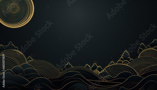 abstract of gold and black moon and waves set on a black background, in the style of whimsical japanes culture delicate lines, carved surfaces, atmospheric clouds
