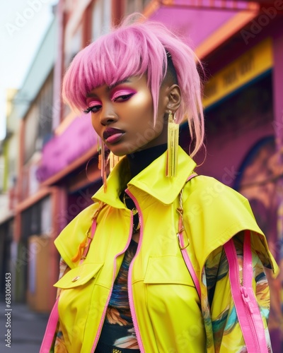 Person with pink hair and yellow raincoat presents fashion-forward street style against a richly colored background