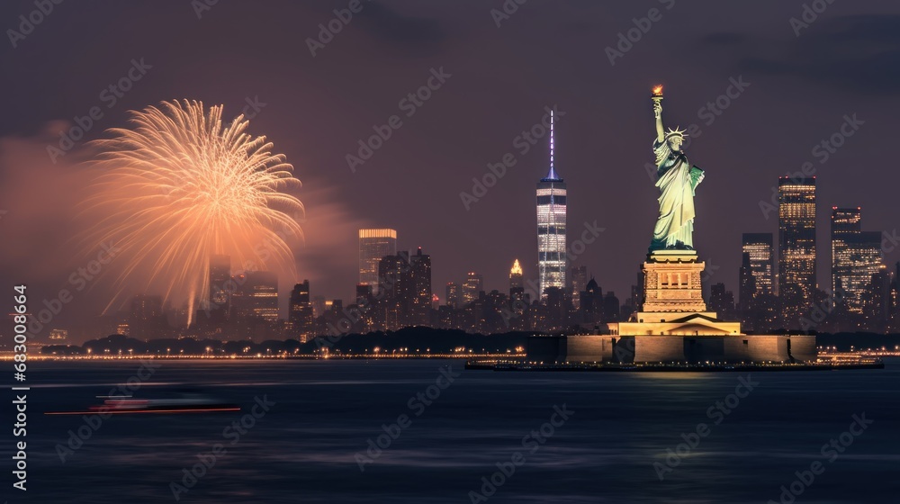 New York City skyline with Statue of Liberty and fireworks at night. Independence Day. July 4 Concept. Patriotism Concept. USA Flag.